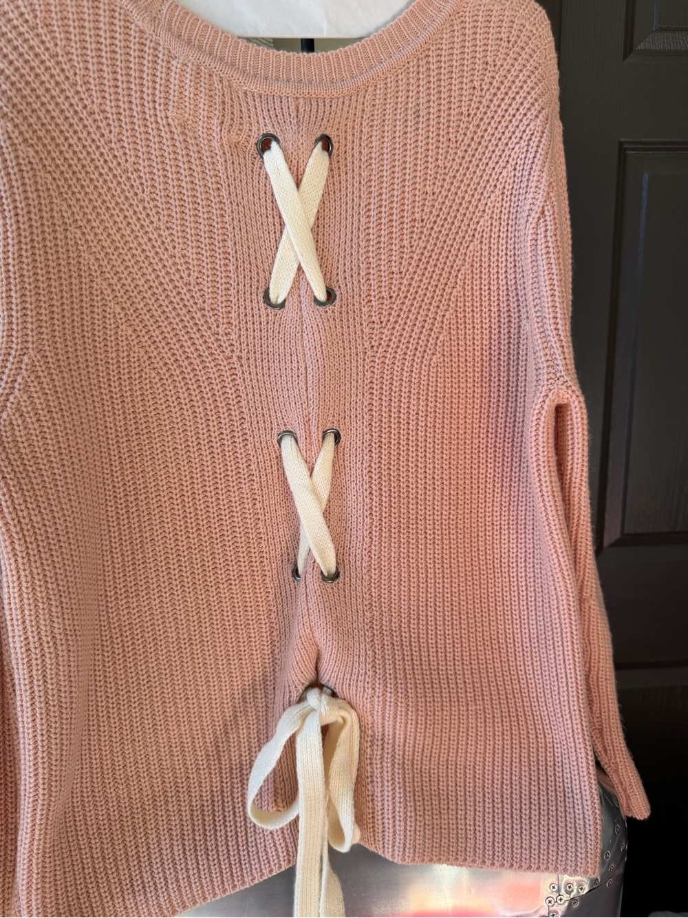 Harper Blush Pink Lace-Up Knit Crewneck Sweater